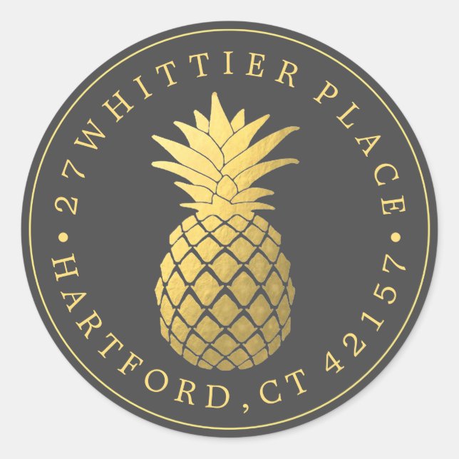 Golden Pineapple | Elegant Address Classic Round Sticker (Front)