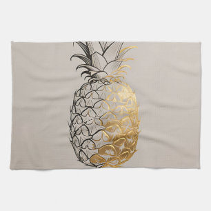 Golden Pineapple Line Art Tea Towel