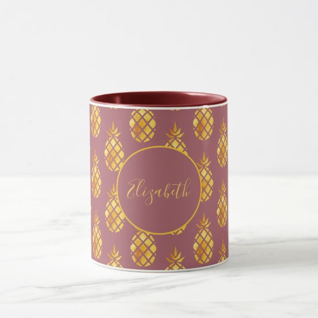 Golden pineapple on burgundy gold name mug (Center)