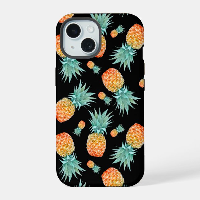 Golden Pineapple Pattern on Black | Custom iPhone 15 Case (Back)