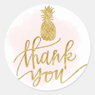 golden pineapple thank you on pink blot classic round sticker