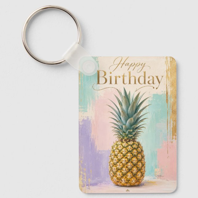 Golden Pineapple Tropical Birthday Key Ring (Front)