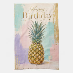 Golden Pineapple Tropical Birthday Tea Towel