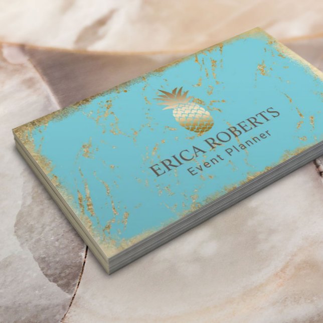 Golden Pineapple Turquoise Gold Marble Event Business Card (Creator Uploaded)