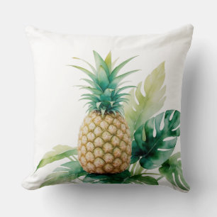 Golden Pineapple with Monstera Watercolor Tropical Cushion