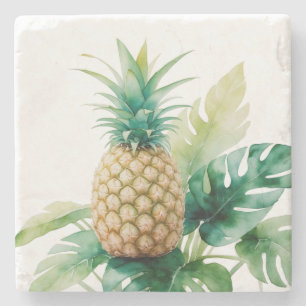 Golden Pineapple with Monstera Watercolor Tropical Stone Coaster