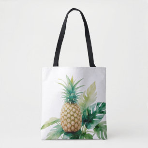 Golden Pineapple with Monstera Watercolor Tropical Tote Bag