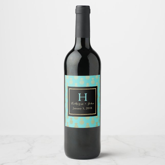 Golden Pineapples Monogrammed Wedding Wine Label (Front)