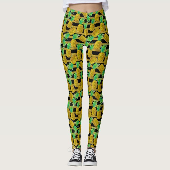 Golden Pineapples On Stripes Leggings (Front)