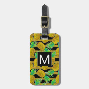 Golden Pineapples On Stripes   Monogram Luggage Tag