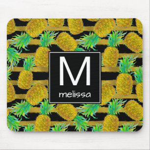 Golden Pineapples On Stripes Monogram Mouse Mat