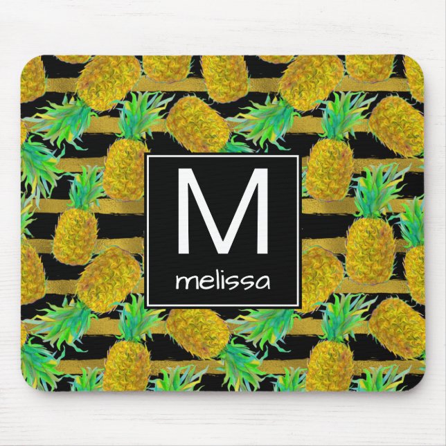 Golden Pineapples On Stripes | Monogram Mouse Mat (Front)