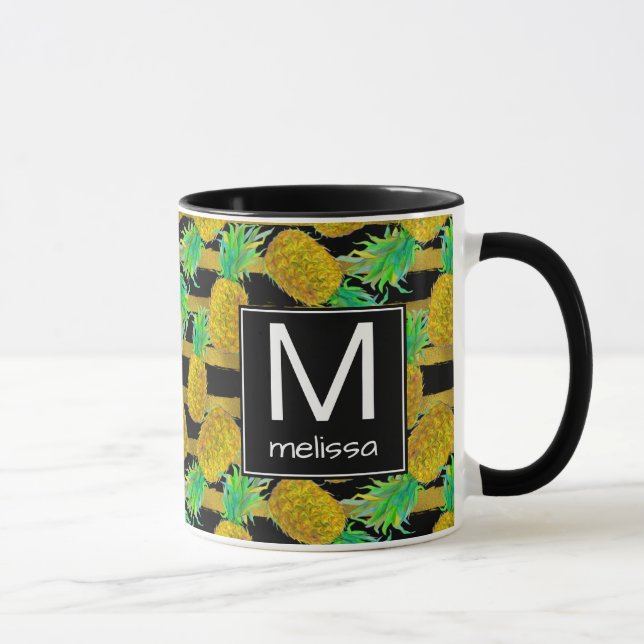 Golden Pineapples On Stripes | Monogram Mug (Right)