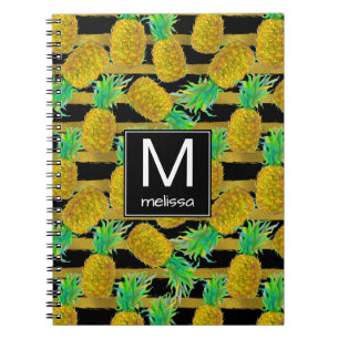 Golden Pineapples On Stripes Monogram Notebook