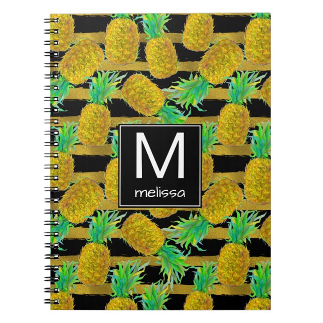 Golden Pineapples On Stripes | Monogram Notebook (Front)