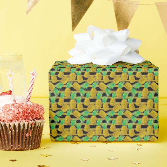 Golden Pineapples On Stripes | Monogram Wrapping Paper (Birthday Party)