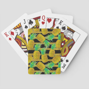 Golden Pineapples On Stripes Playing Cards