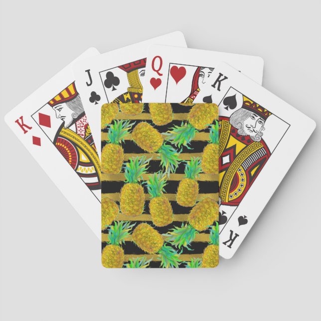 Golden Pineapples On Stripes Playing Cards (Back)