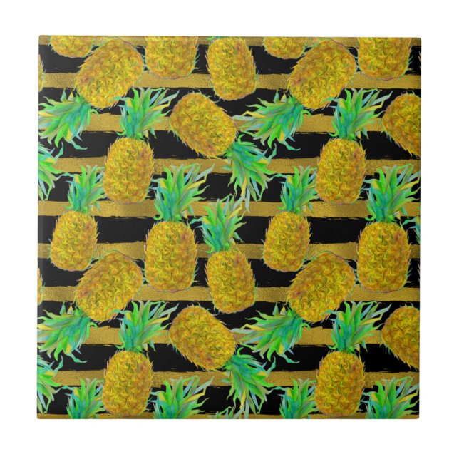Golden Pineapples On Stripes Tile (Front)