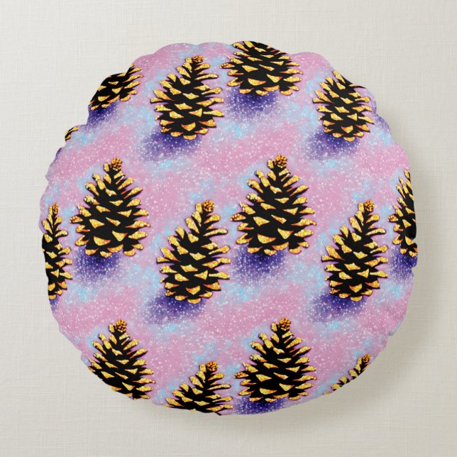 Golden Pinecones Round Pillow (Front)