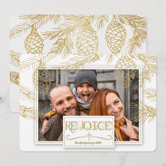 Golden Pines Rejoice Christian Cross Photo Holiday Card (Front/Back)