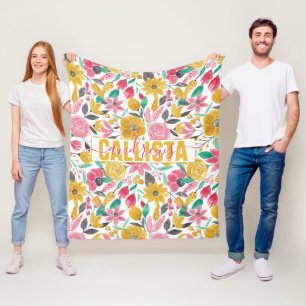 Golden Pink Flowers Leaves Watercolor Art Monogram Fleece Blanket