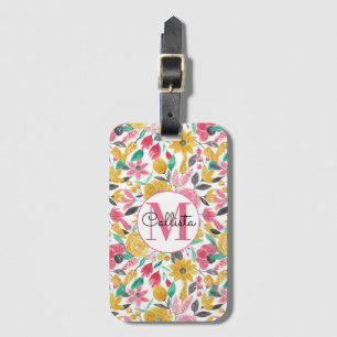 Golden Pink Flowers Leaves Watercolor Monogram Luggage Tag