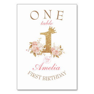 Golden Pink Flowers Princess 1st Birthday Party Table Number