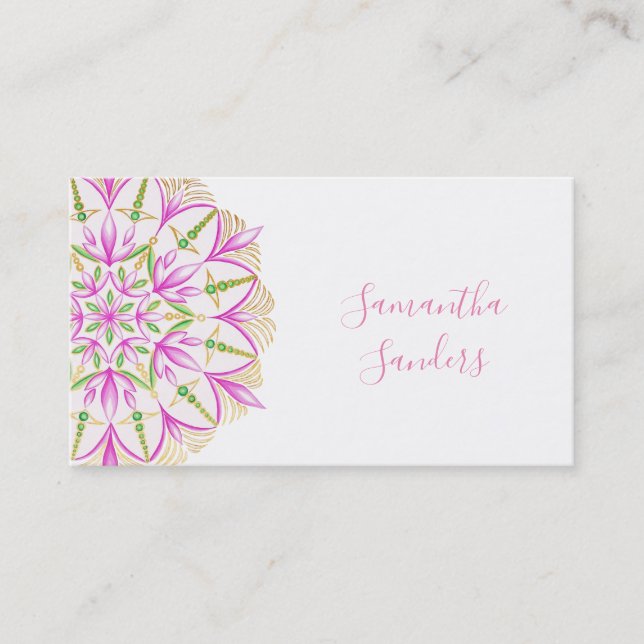 Golden Pink Magnolia Mandala Green Leaves Business Card (Front)
