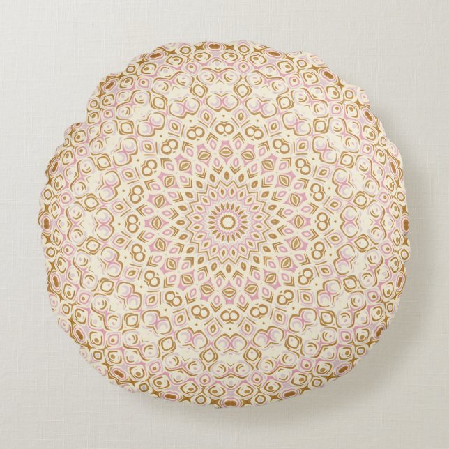 Golden Pink Mandala Radiant Geometric Sunburst Round Cushion (Front)