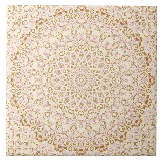 Golden Pink Mandala Radiant Geometric Sunburst Tile (Front)