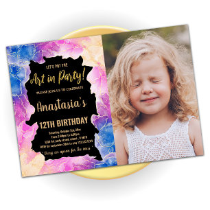Golden Pink Paint Birthday Invitations With Photo