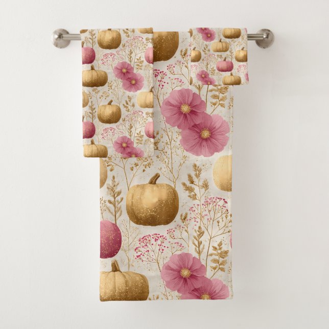 Golden & Pink Pumpkins Fall Design Bath Towel Set (Insitu)