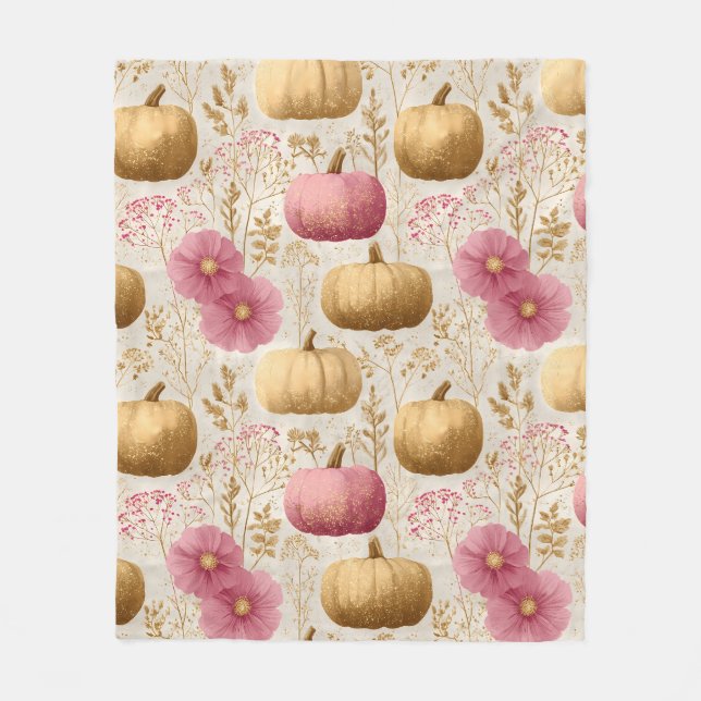 Golden & Pink Pumpkins Fall Design Fleece Blanket (Front)