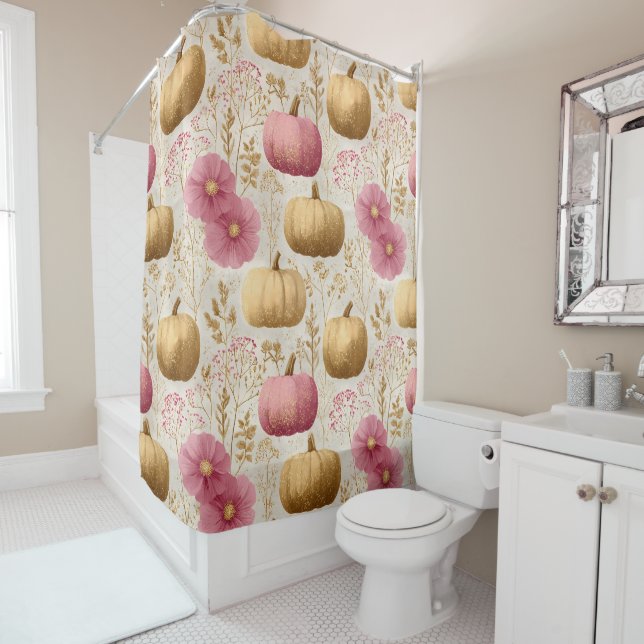 Golden & Pink Pumpkins Fall Design Shower Curtain (In Situ)