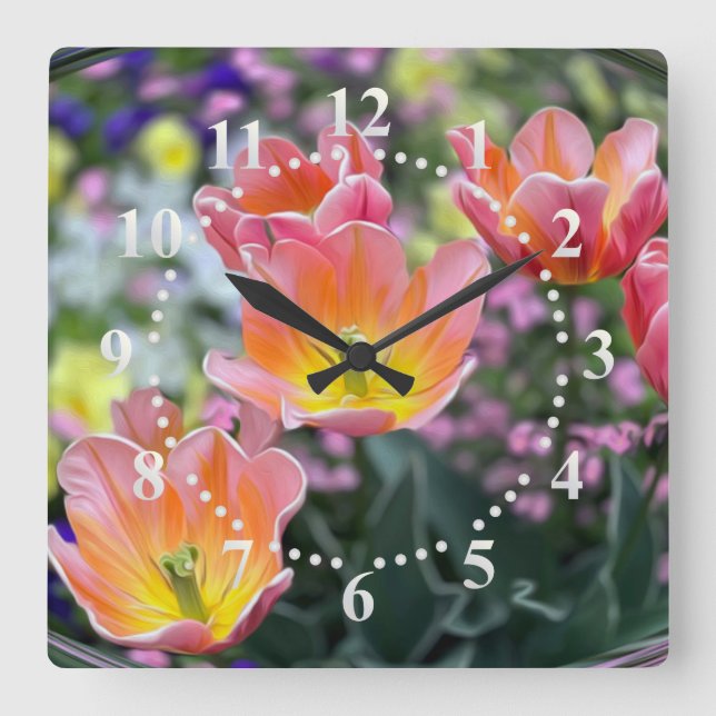 Golden pink tulips square wall clock (Front)