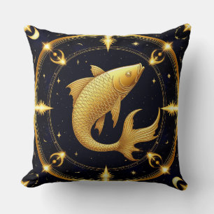 Golden Pisces Zodiac Symbol Surrounded by Stars Cushion