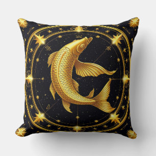 Golden Pisces Zodiac Symbol Surrounded by Stars Cushion