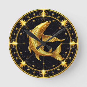 Golden Pisces Zodiac Symbol Surrounded by Stars Round Clock