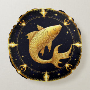 Golden Pisces Zodiac Symbol Surrounded by Stars Round Cushion