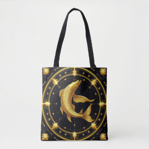 Golden Pisces Zodiac Symbol Surrounded by Stars Tote Bag