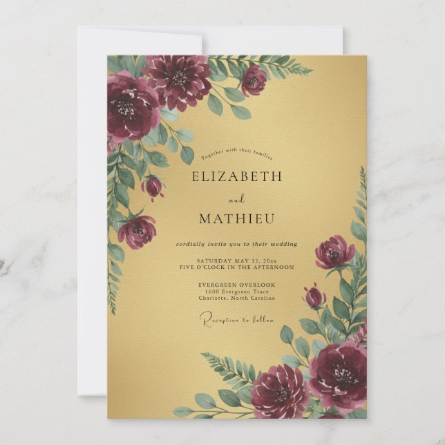 Golden Plum Peony Wedding Invitation (Front)