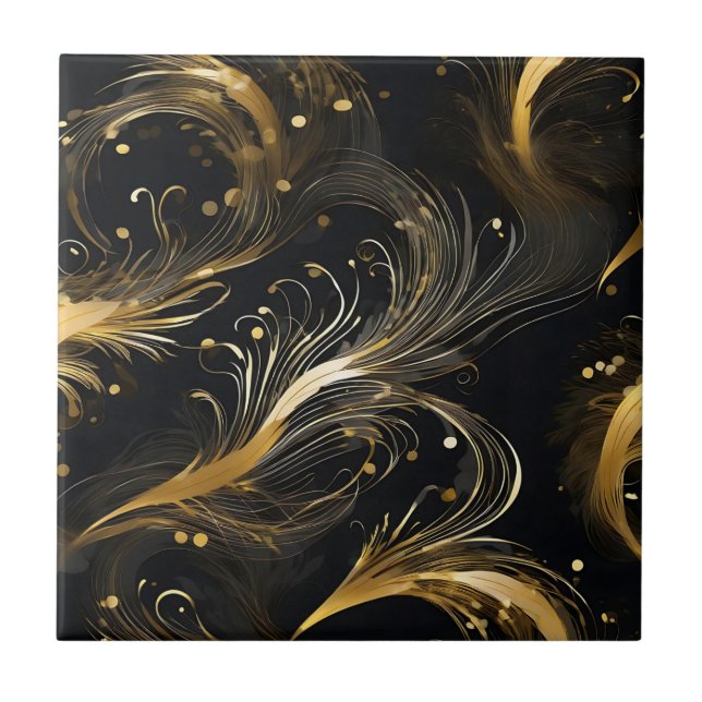 Golden Plumes On Black Tile (Front)