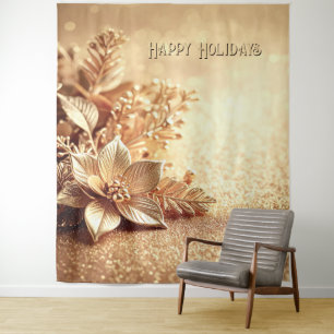 Golden Poinsettia Holiday Backdrop Tapestry