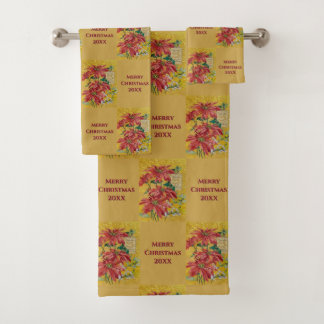 Golden Poinsettia | Personalized Christmas 20XX Bath Towel Set