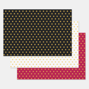 Golden Polka Dots Confetti on Black, Red & White Wrapping Paper Sheet