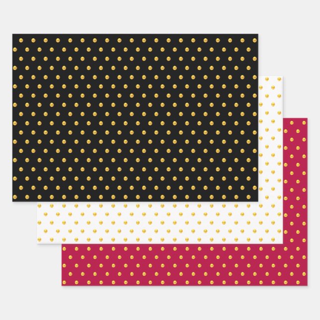Golden Polka Dots Confetti on Black, Red & White Wrapping Paper Sheet (Set)