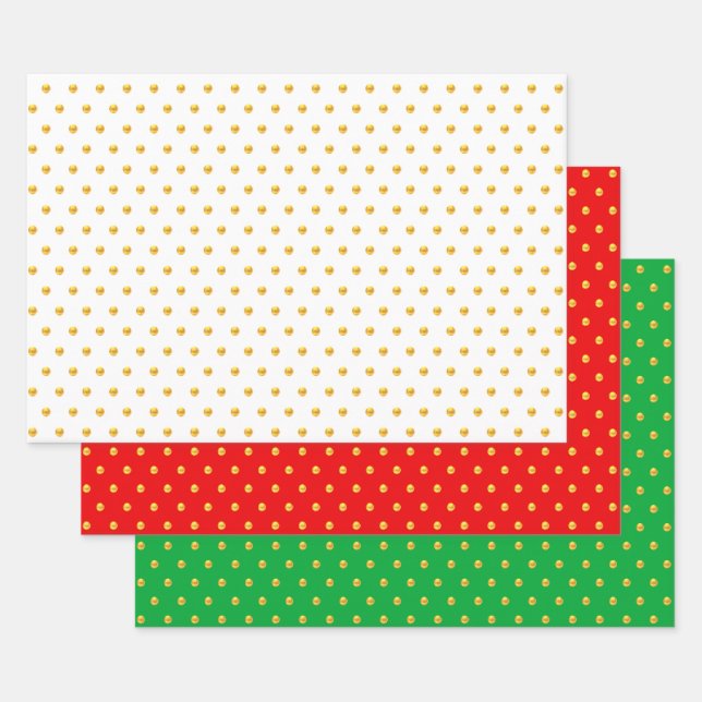 Golden Polka Dots Confetti on Green, Red & White Wrapping Paper Sheet (Set)