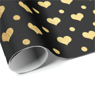 Golden Polka Dots Hearts Confetti Black Metallic Wrapping Paper