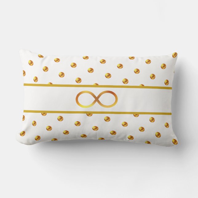 Golden Polka Dots & Infinity Symbol on White Lumbar Cushion (Front)